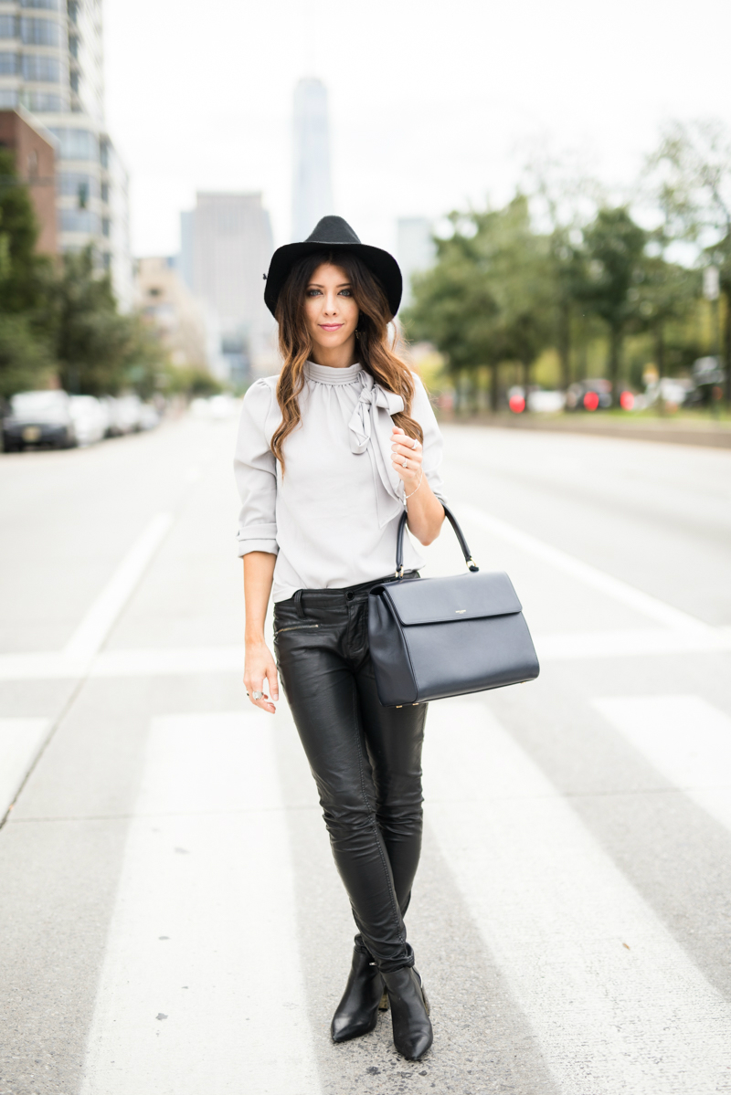 Leather pants, Ankle booties - Grey Bow Tie Top styled by popular San Francisco fashion blogger, The Girl in The Yellow Dress
