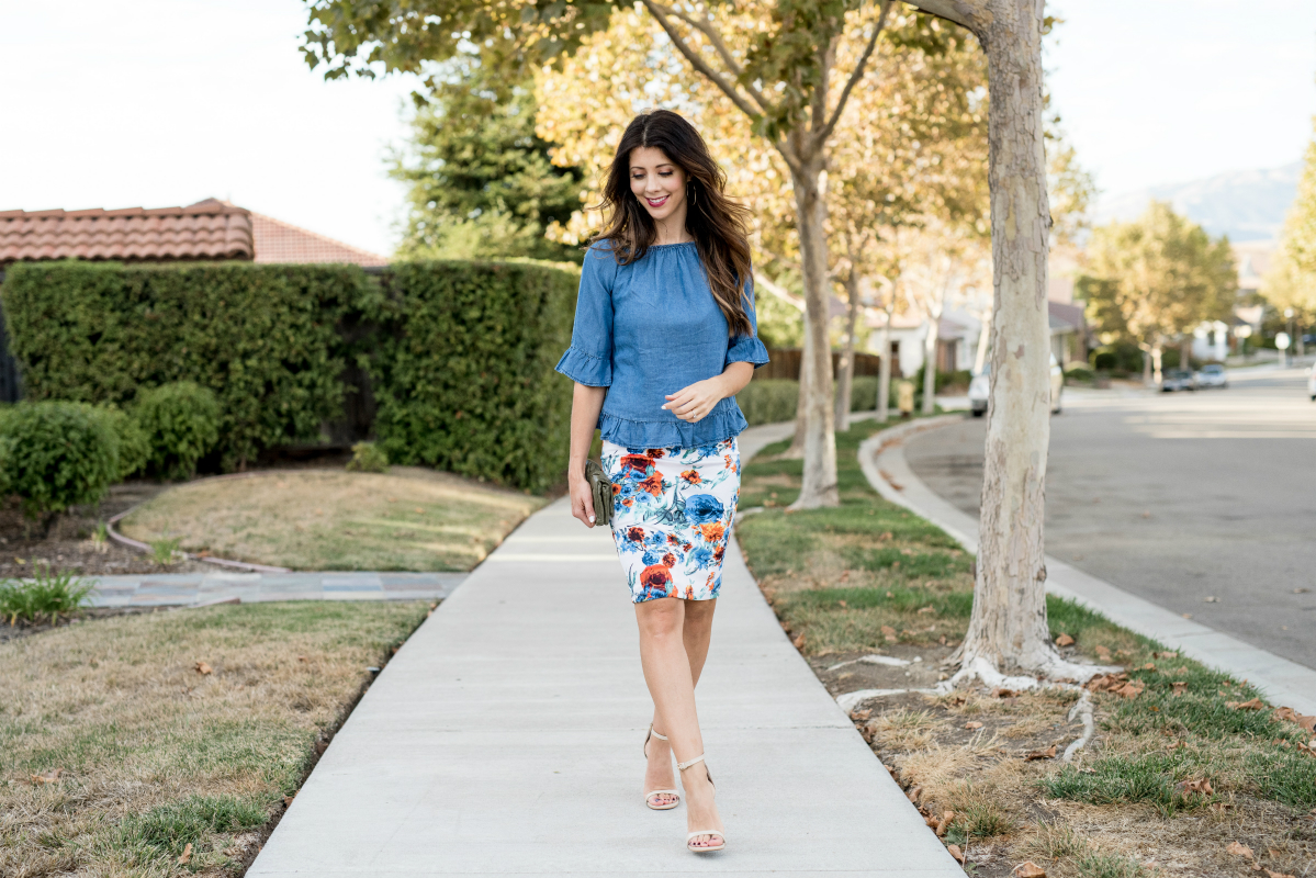 Floral skirt, Denim Ruffle Top