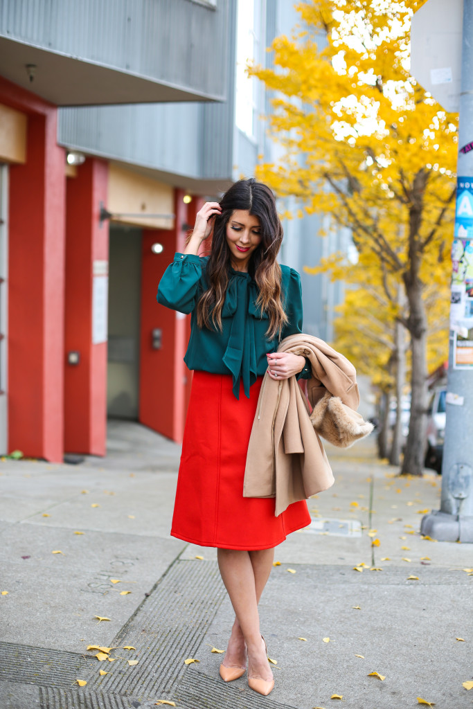 Red Skirt, Green Bow Tie Blouse 