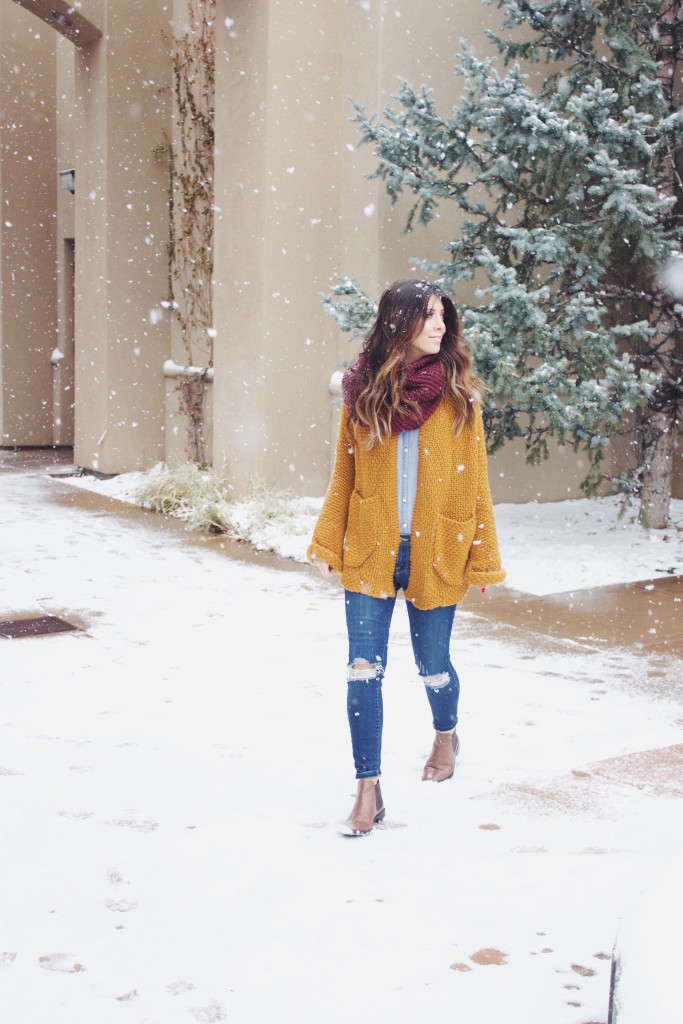 Cardigan, Scarf, Ripped Jeans