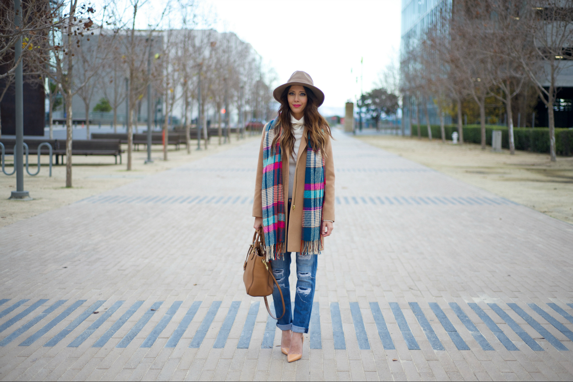 Distressed Jeans, Colorful Scarf, Tan Coat