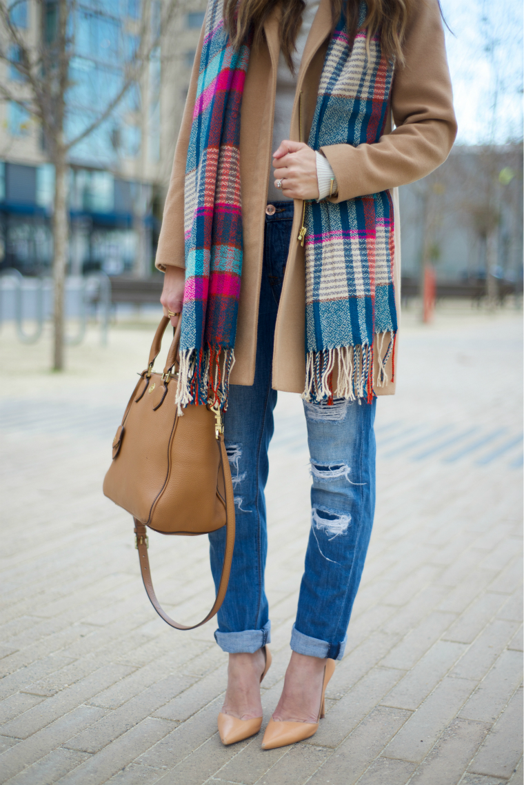 Scarf, Coat. Distressed Jeans