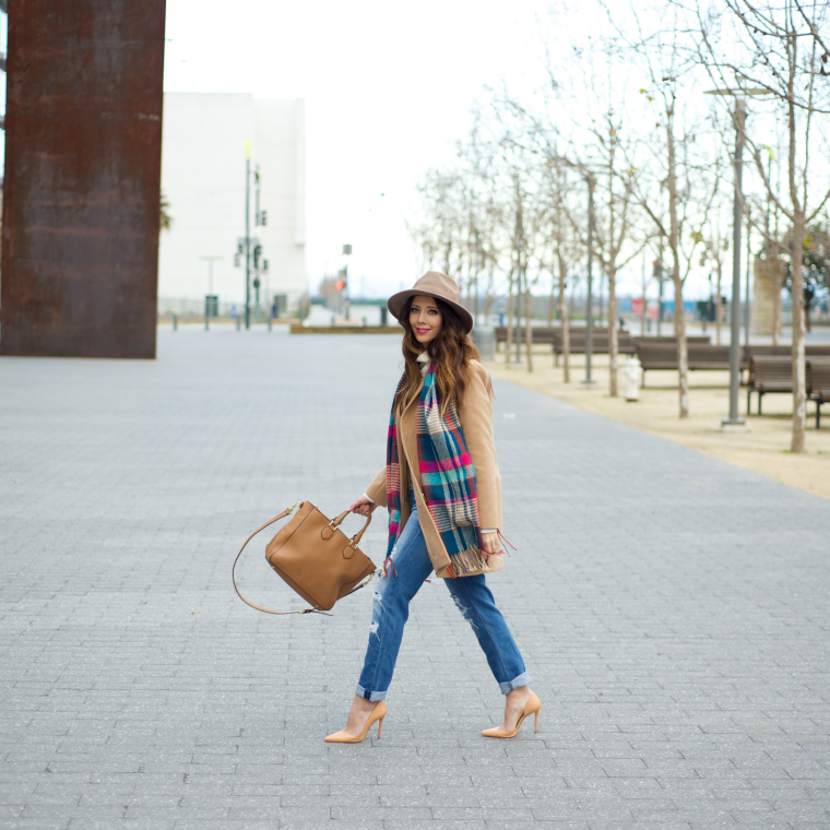 Tan Coat & Colorful Scarf