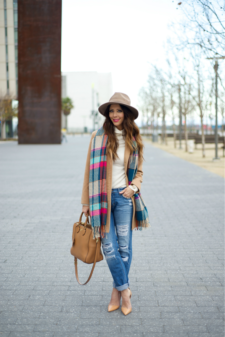 Distressed Jeans, Tan Coat, Colorful Scarf