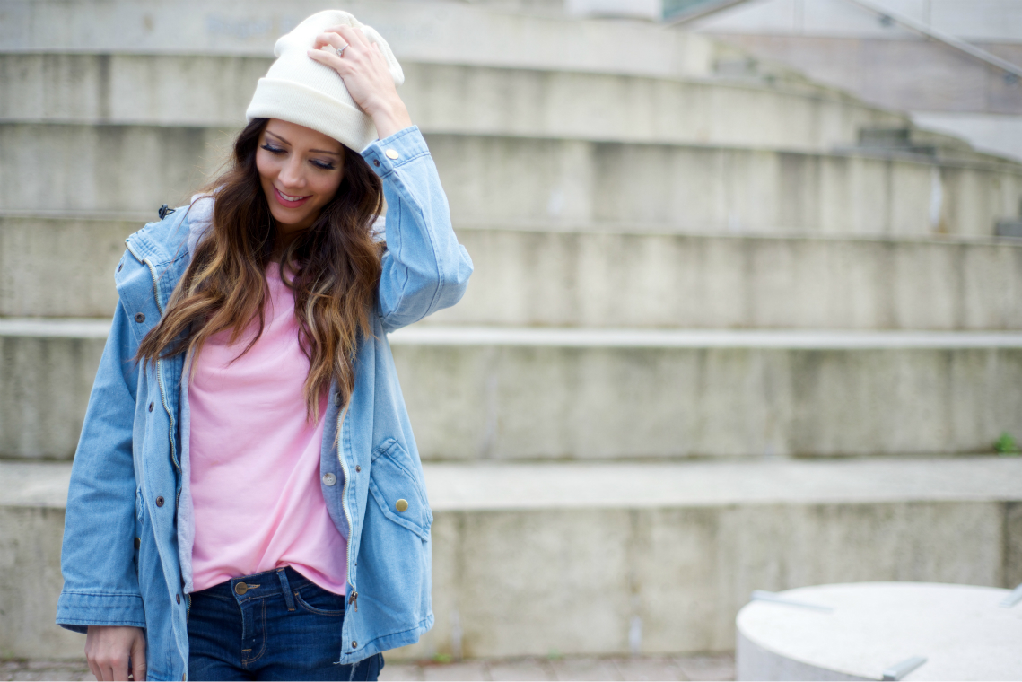 White beanie, Light Denim Jacket