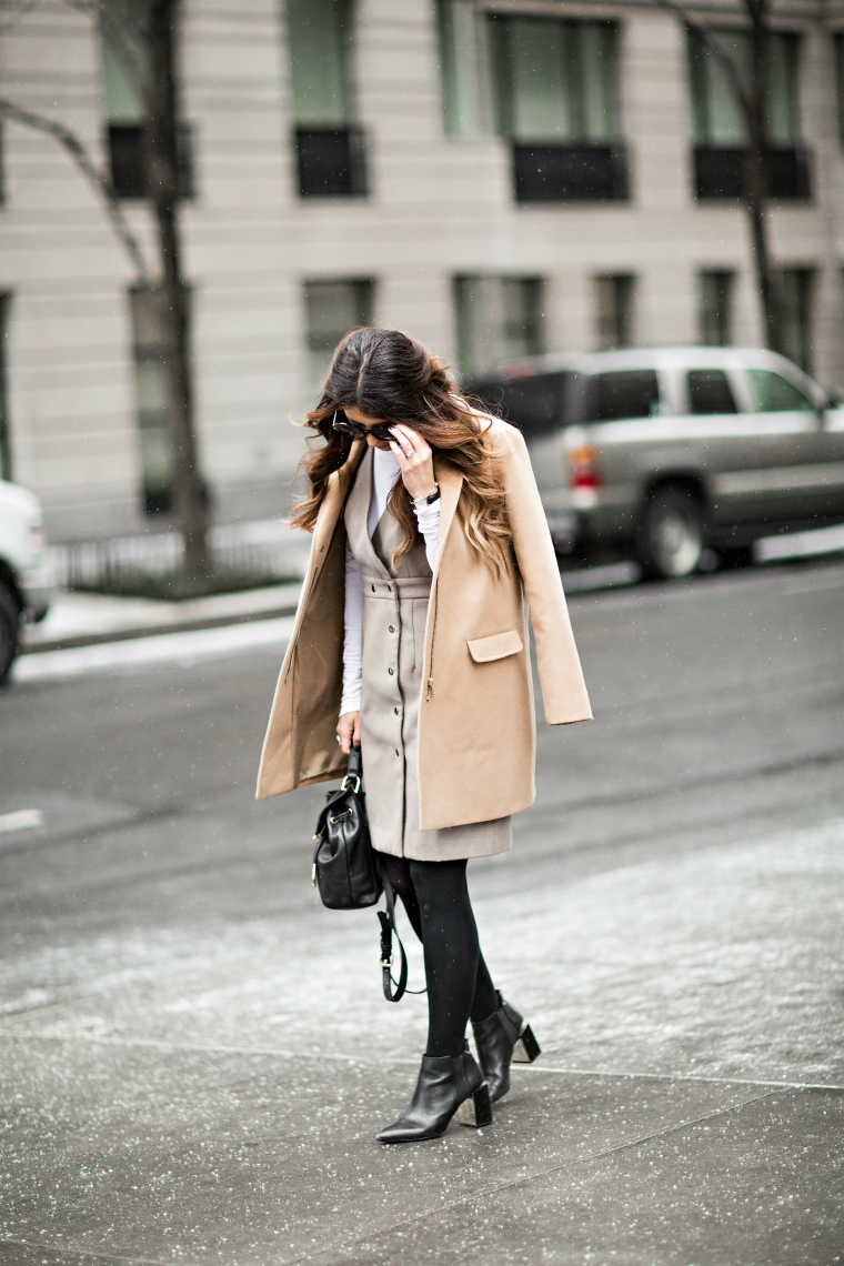 Grey Dress + Tan Coat