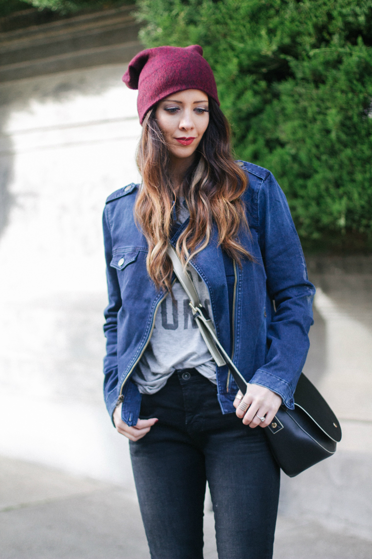 Denim Jacket, Maroon Beanie