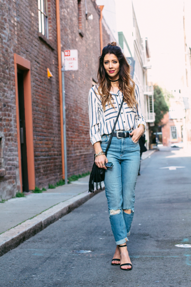 Striped Top + Distressed Mom Jeans