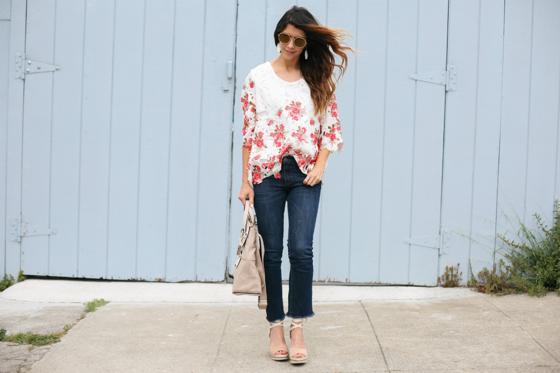 Floral Lace Top, Cropped Jeans, and Lace Up Wedges | The Girl in the Yellow Dress