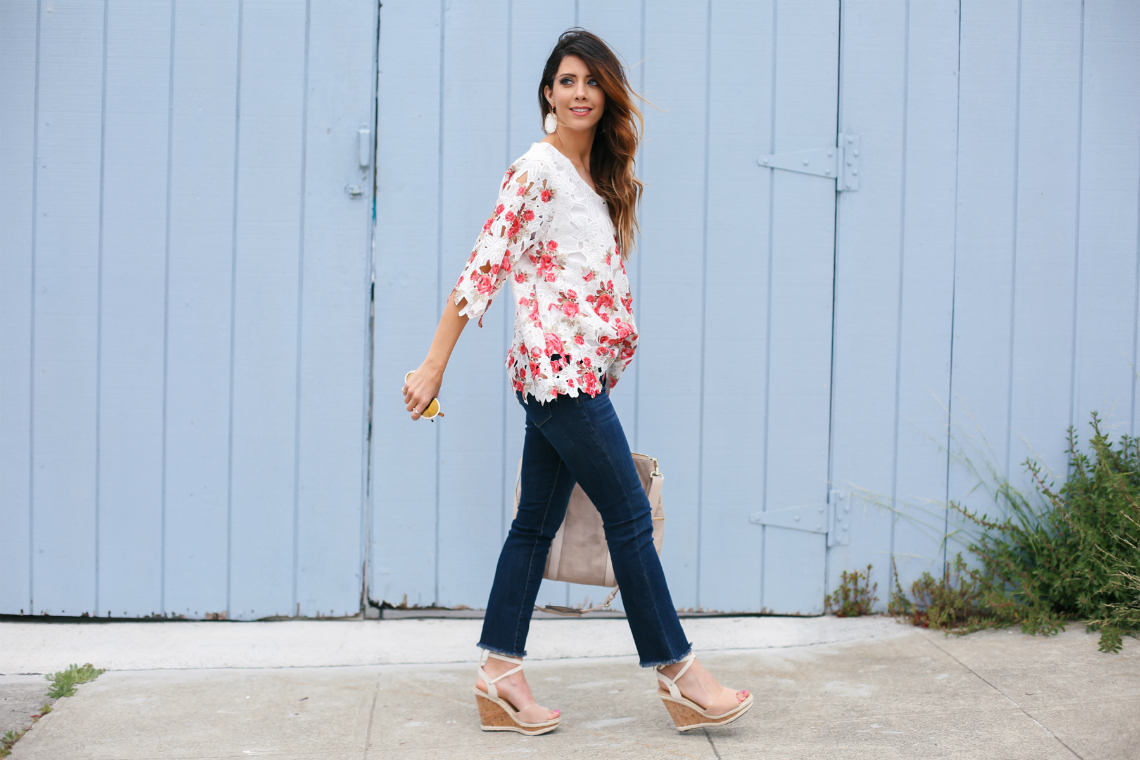 Floral Lace Top, Cropped Jeans, and Lace Up Wedges | The Girl in the Yellow Dress