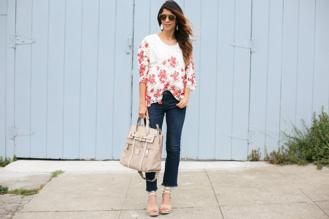 Floral Lace Top, Cropped Jeans, and Lace Up Wedges | The Girl in the Yellow Dress