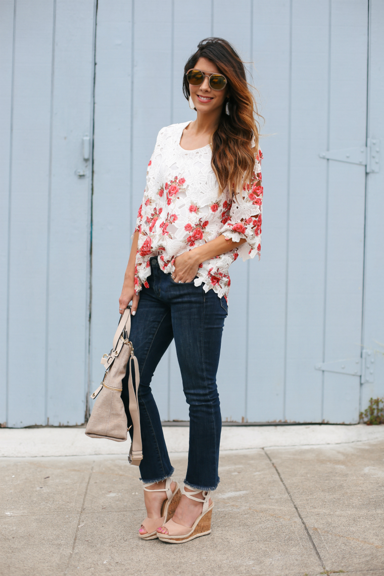 Floral Lace Top, Cropped Jeans, and Lace Up Wedges | The Girl in the Yellow Dress