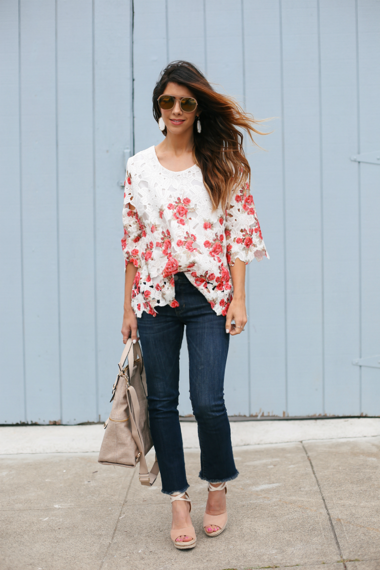 Floral Lace Top, Cropped Jeans, and Lace Up Wedges | The Girl in the Yellow Dress