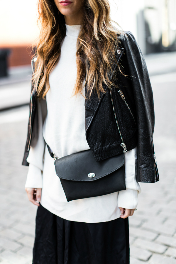 Leather Jacket + Waist Bag | The Girl in the Yellow Dress