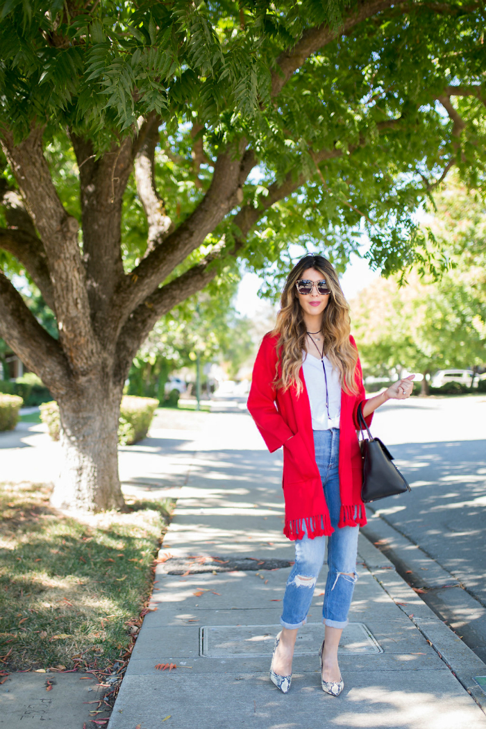 Red Cardi + Distressed Jeans