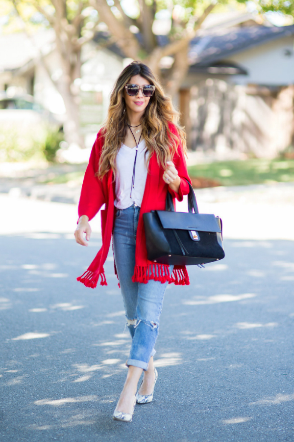 Red Cardi + Distressed Jeans