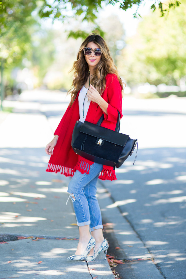 Red Cardi + Distressed Jeans