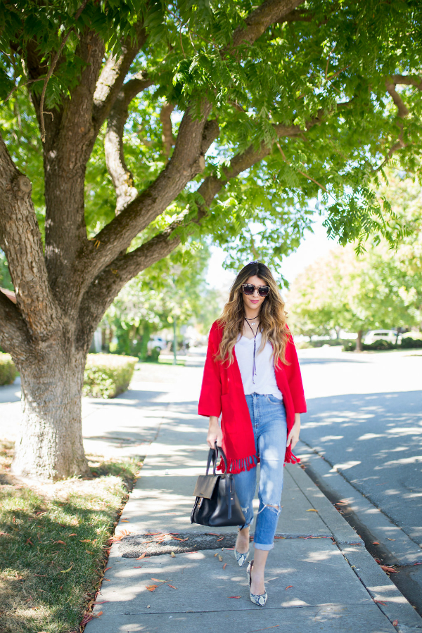 Red Cardi + Distressed Jeans