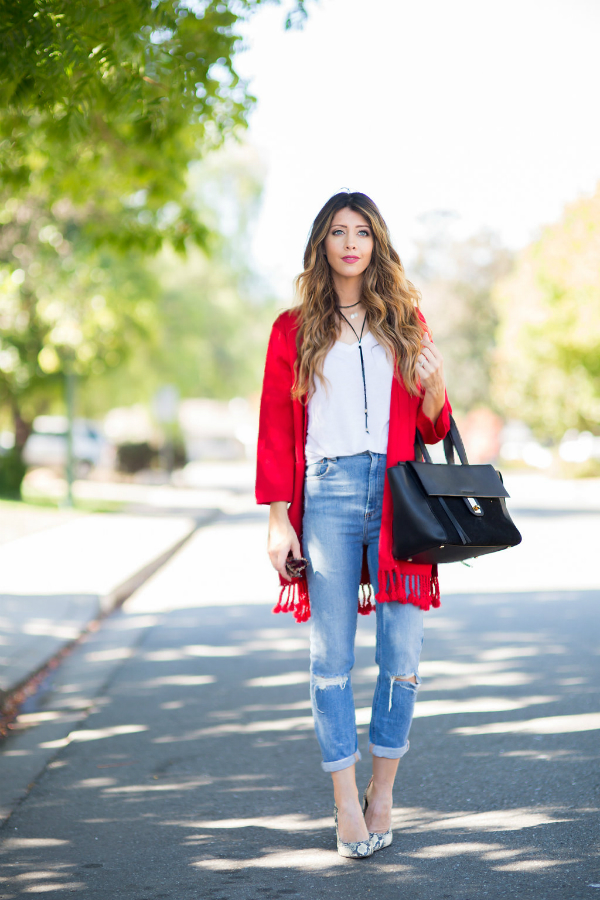 Red Cardi + Distressed Jeans