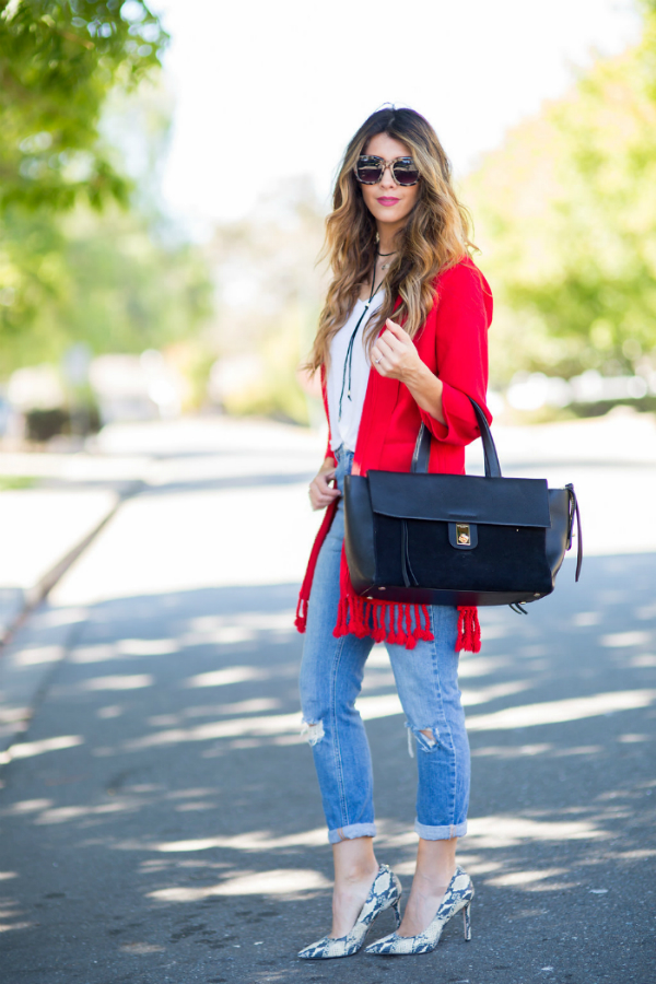 Red Cardi + Distressed Jeans