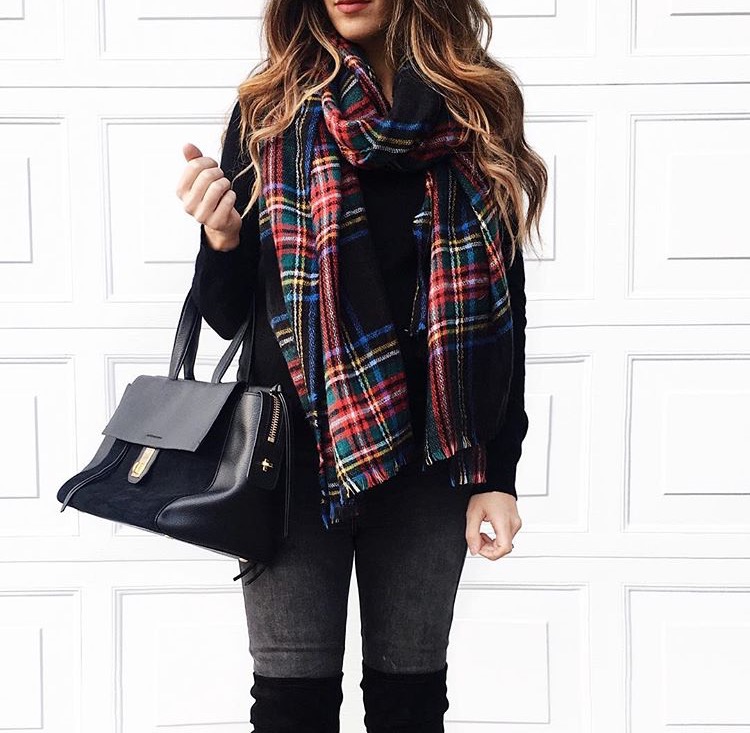 Plaid Scarf + Black Sweater 