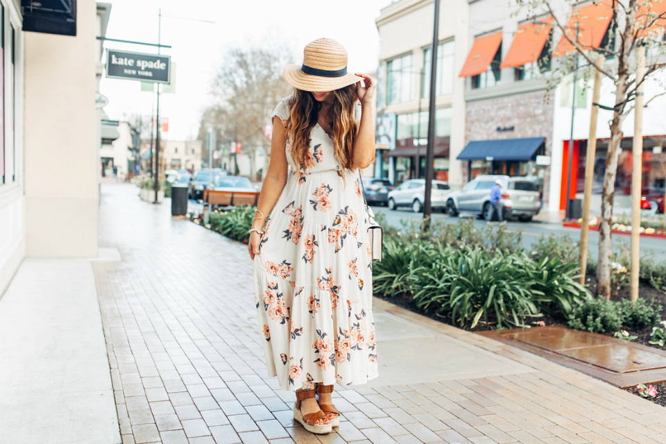 Spring Essentials featured by top US fashion blog The Girl in the Yellow Dress; Image of a woman wearing Free People maxi dress, Marc Fisher platform wedges and Nordstrom hat.