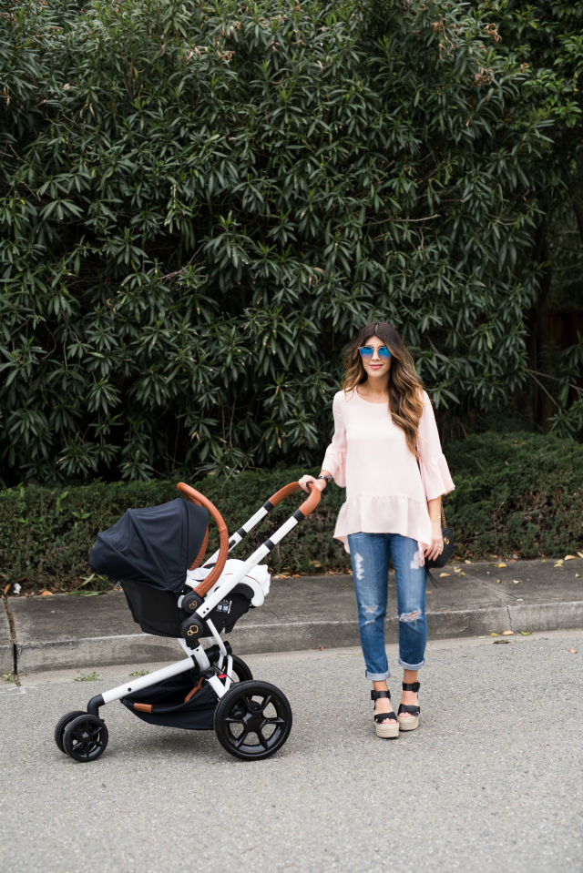 Spring Shoe Trends featured by top US fashion blog The Girl in the Yellow Dress; Image of a woman wearing Gibson ruffle top, AG jeans, Marc Fisher wedges, Cluse watch and Ray-Ban sunglasses.