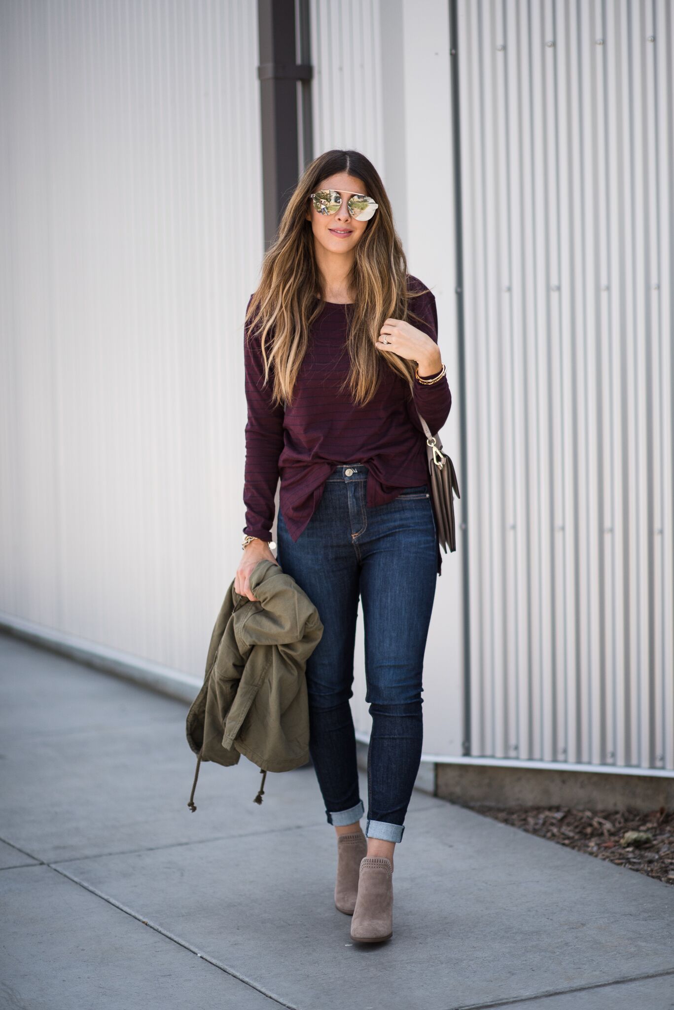 Fall Fashion, Taupe Booties, Olive Utility Jacket, Long Sleeve Tee, Dark Denim Jeans 