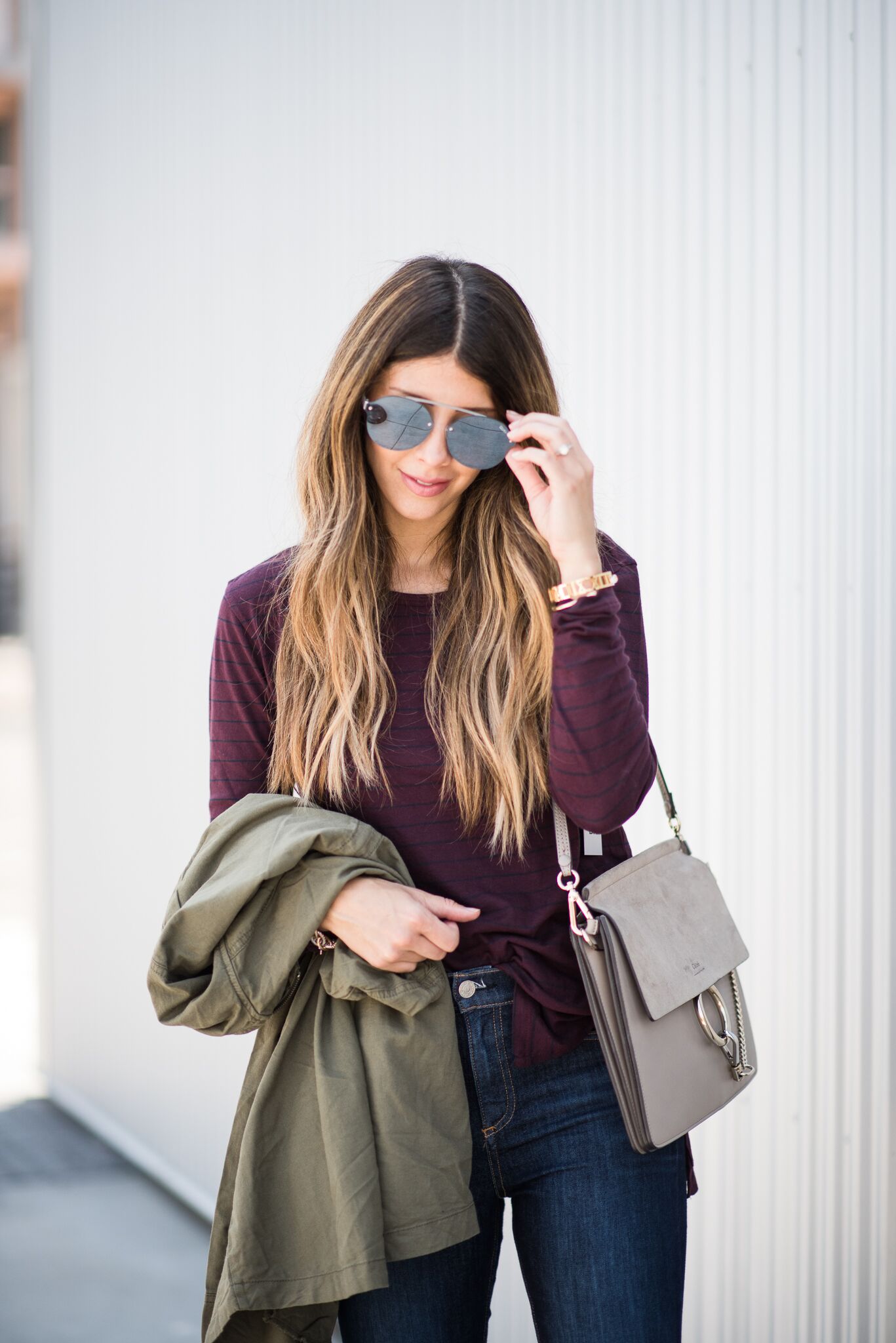 Fall Fashion, Taupe Booties, Olive Utility Jacket, Long Sleeve Tee, Dark Denim Jeans 