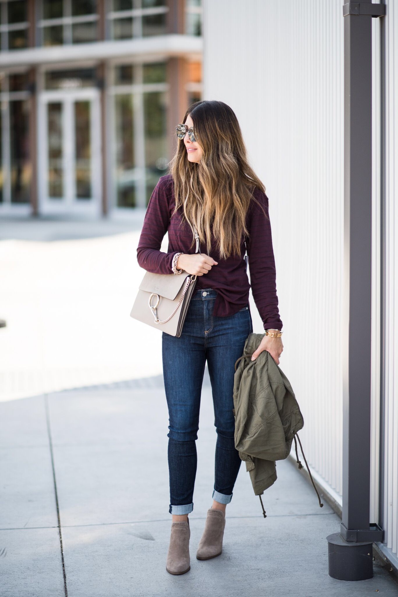 Fall Fashion, Taupe Booties, Olive Utility Jacket, Long Sleeve Tee, Dark Denim Jeans 