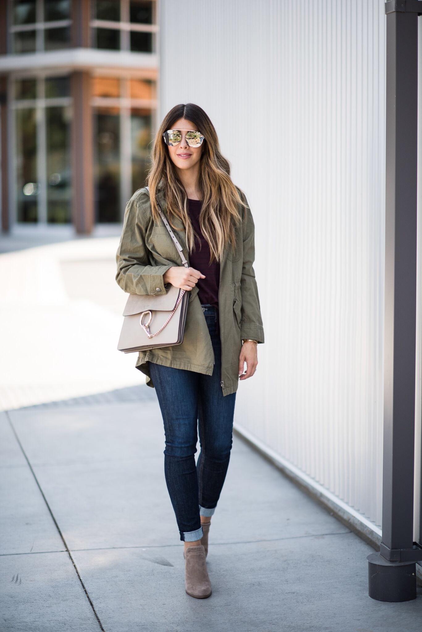 Fall Fashion, Taupe Booties, Olive Utility Jacket, Long Sleeve Tee, Dark Denim Jeans, Chloe Handbag