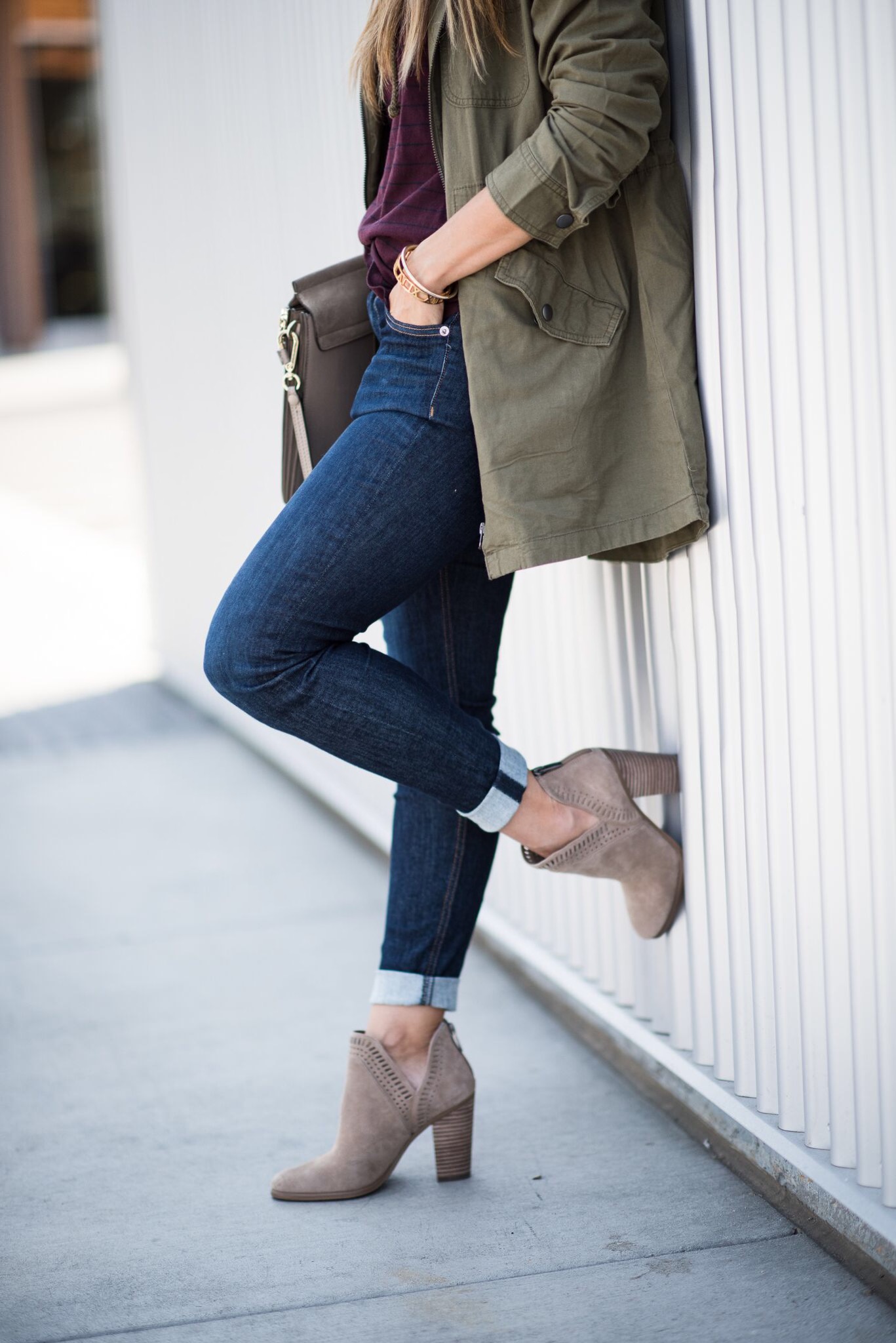 Fall Fashion, Taupe Booties, Olive Utility Jacket, Long Sleeve Tee, Dark Denim Jeans 