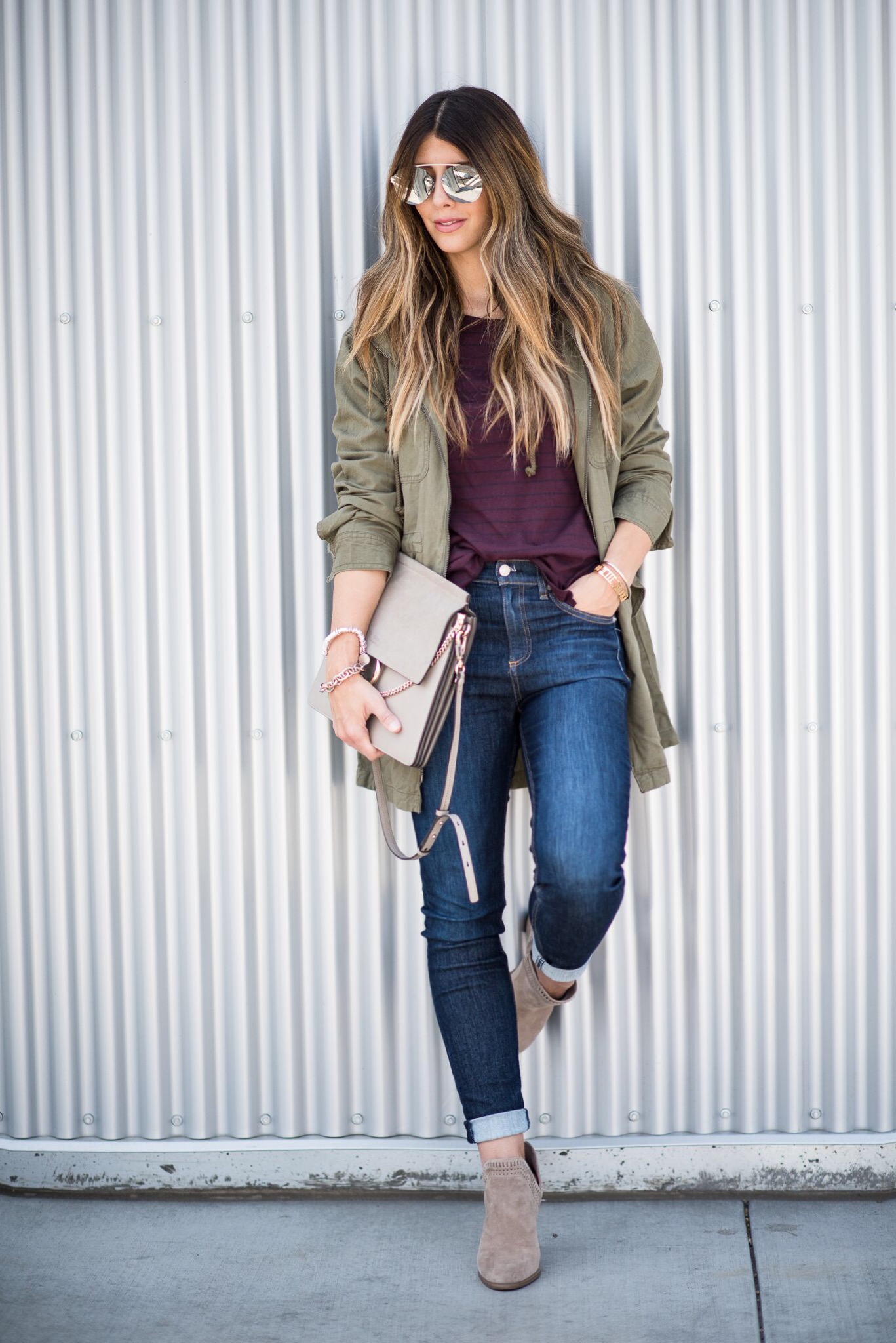 Fall Fashion, Taupe Booties, Olive Utility Jacket, Long Sleeve Tee, Dark Denim Jeans 