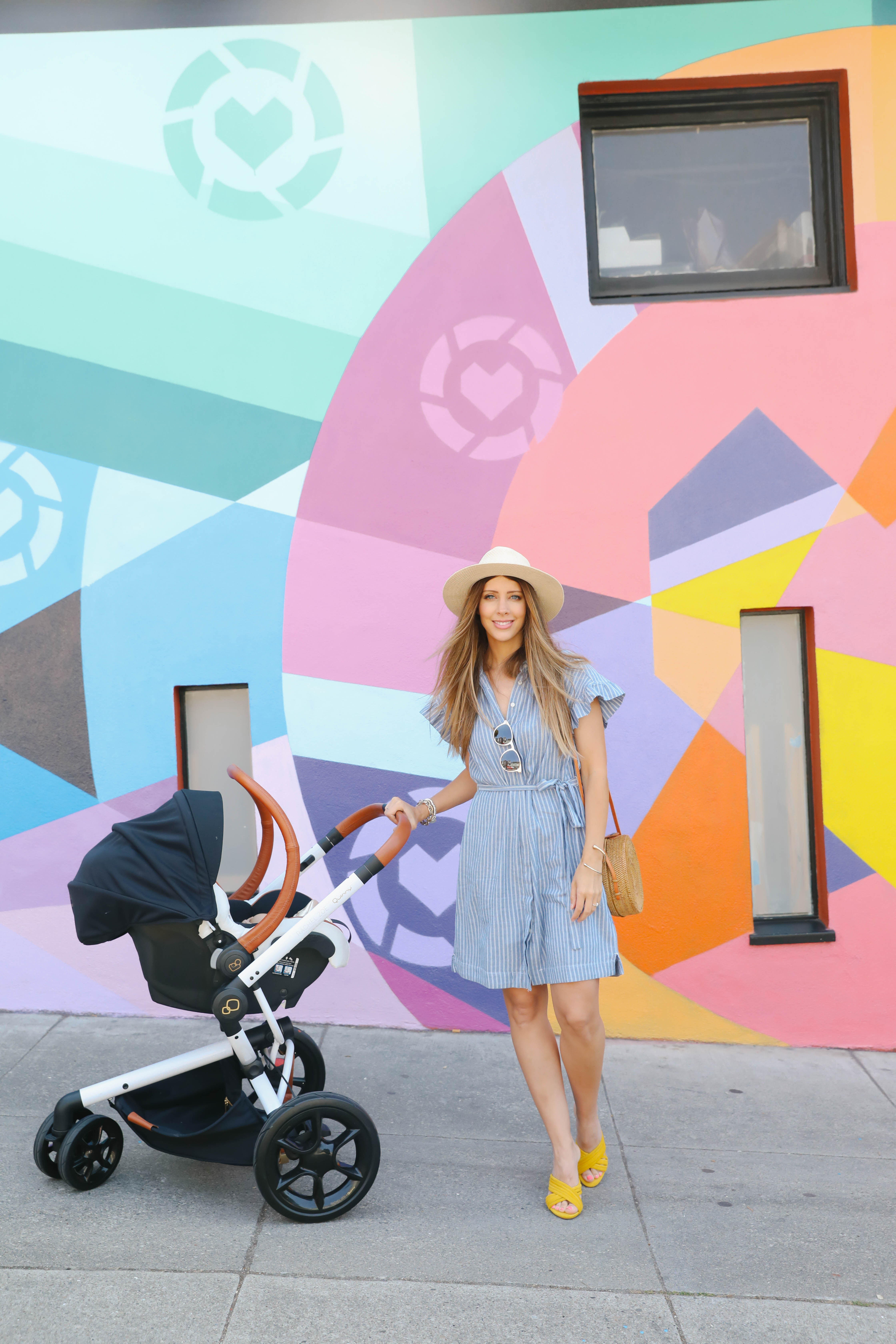 San Francisco, Dresses, Colorful Wall, Yellow Mules, Stroller, Straw Hat