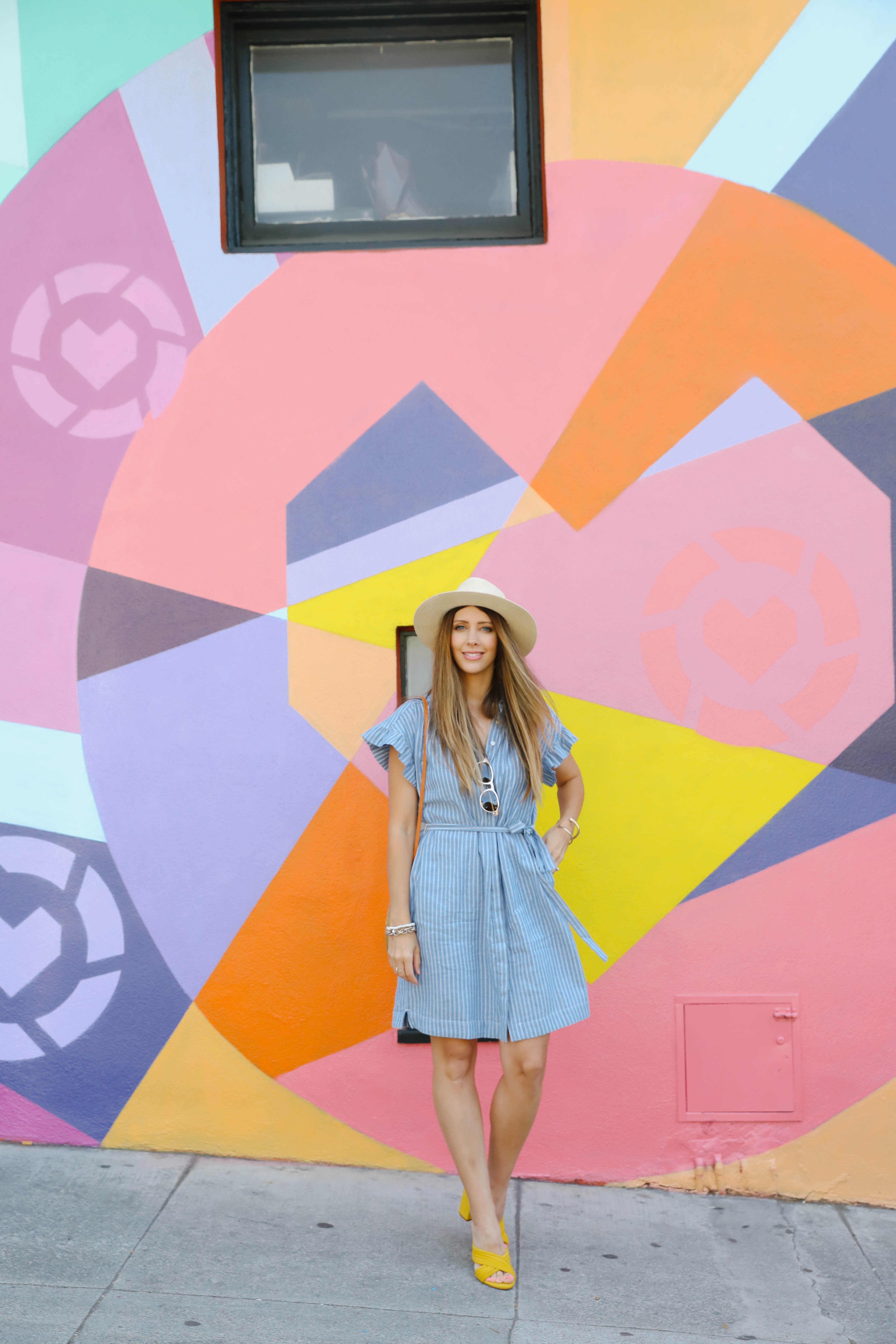 San Francisco, Button Up Dress, Colorful Wall, Yellow Mules, Straw Hat