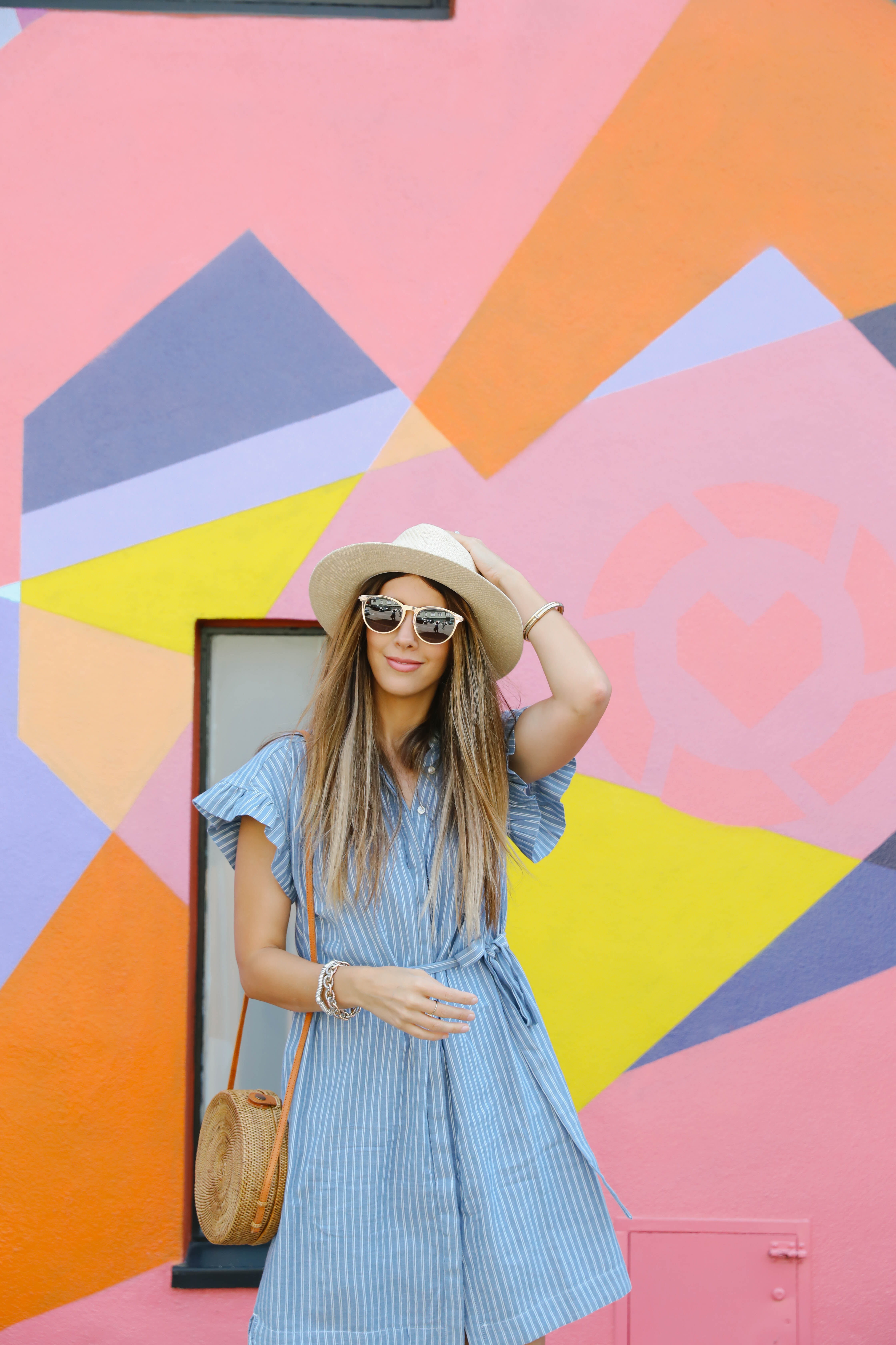 San Francisco, Dresses, Colorful Wall, Yellow Mules, Straw Hat