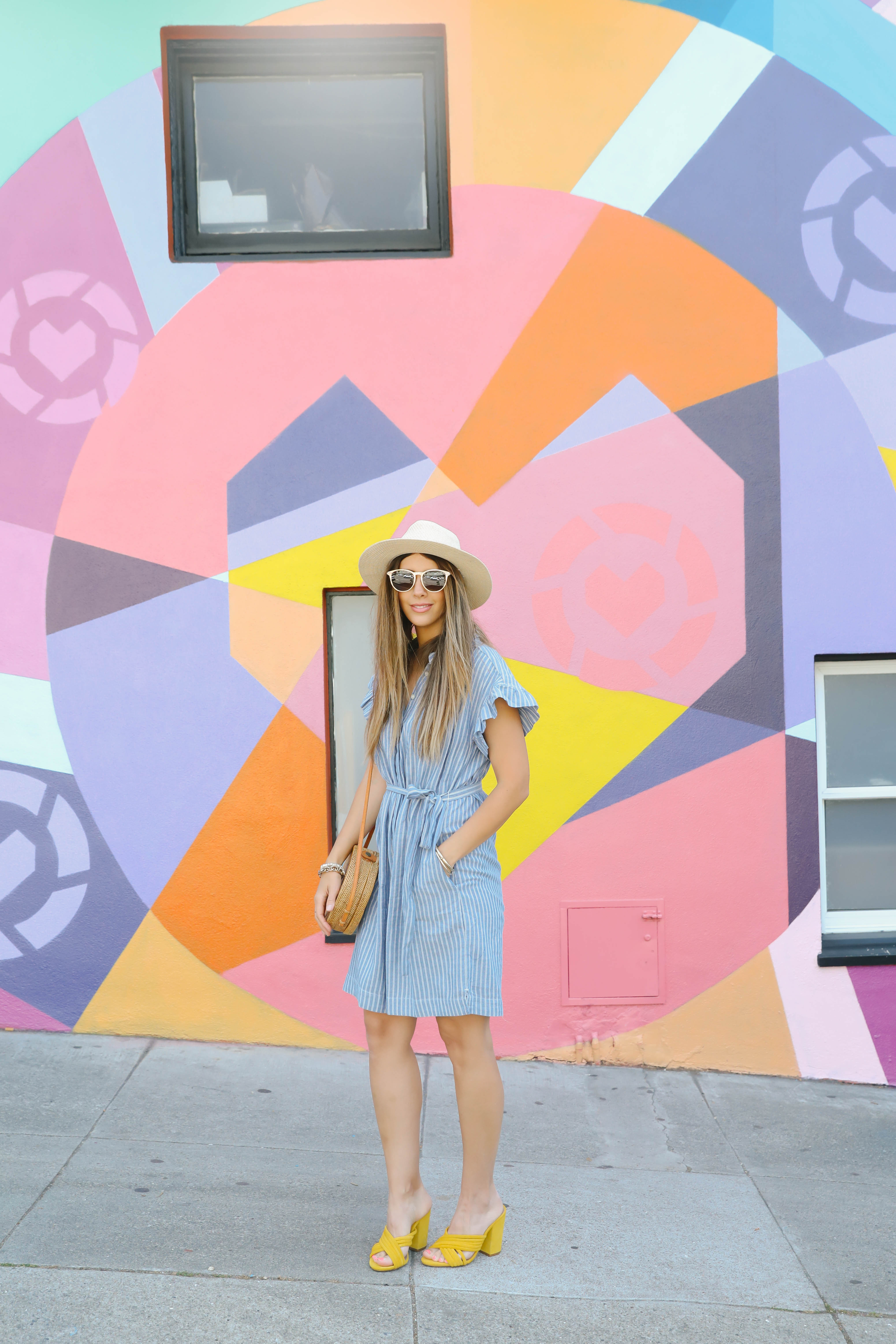 San Francisco, Dresses, Colorful Wall, Yellow Mules, Straw Hat