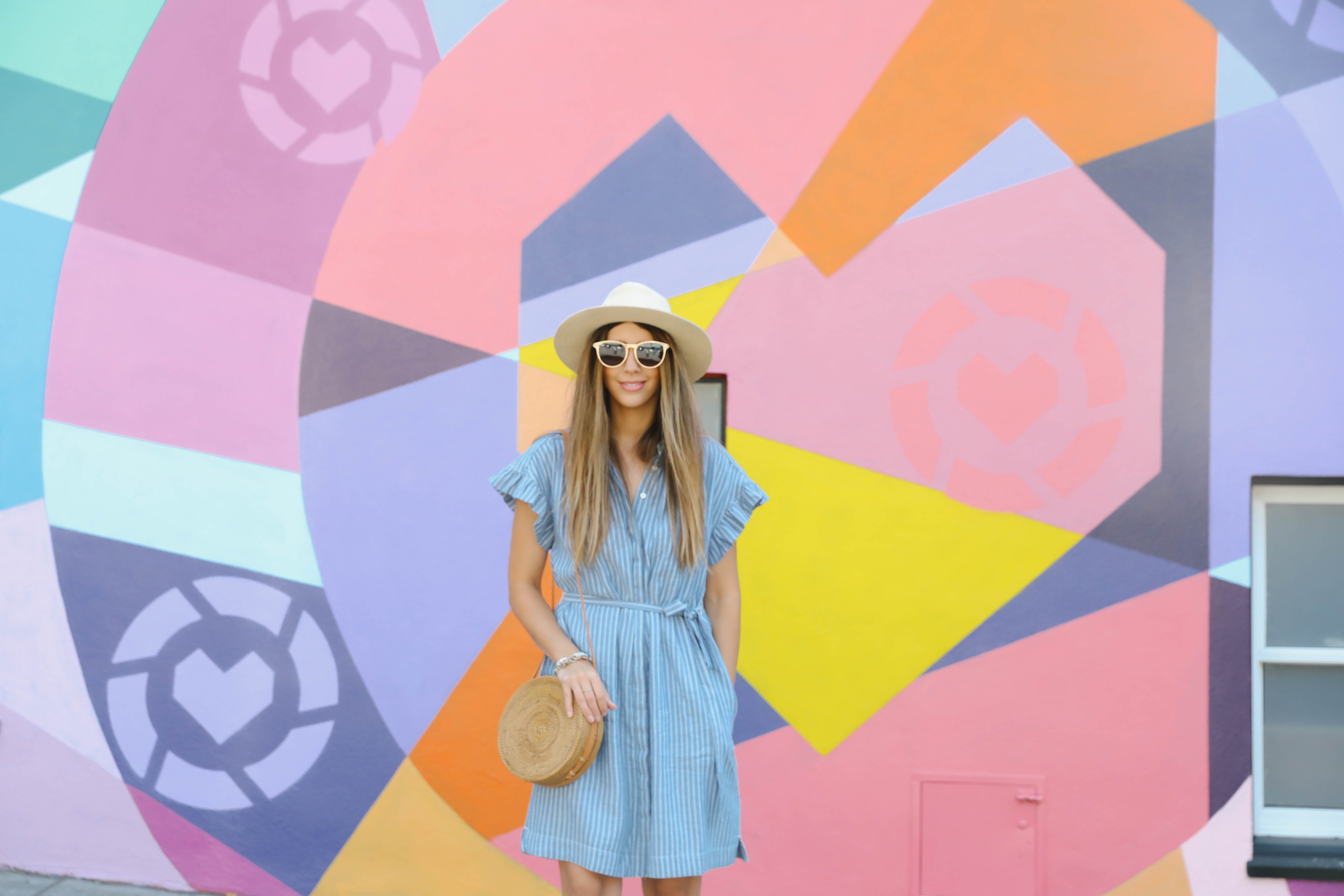 San Francisco, Button Up Striped Dress , Colorful Wall, Yellow Mules, Straw Hat