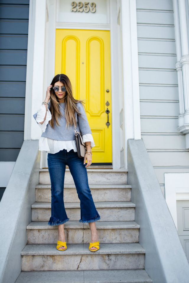 San Francisco, Yellow mules, Flared Cropped Denim, Ruffle Sweater, Chloe Handbag, Mirrored Sunglasses