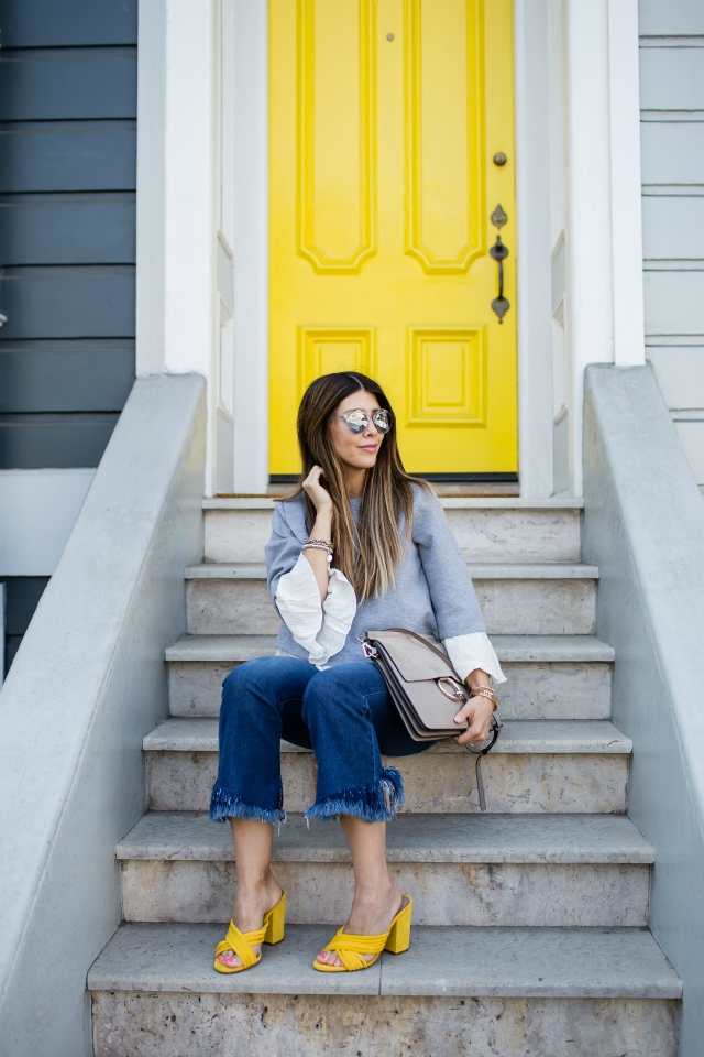 San Francisco, Yellow mules, Flared Cropped Denim, Ruffle Sweater, Chloe Handbag, Mirrored Sunglasses