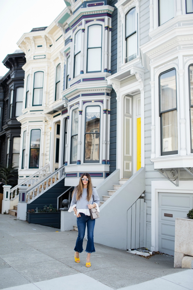 San Francisco, Yellow mules, Flared Cropped Denim, Ruffle Sweater, Chloe Handbag, Mirrored Sunglasses