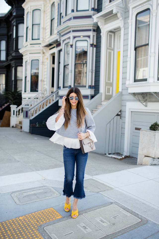 San Francisco, Yellow mules, Flared Cropped Denim, Ruffle Sweater, Chloe Handbag, Mirrored Sunglasses