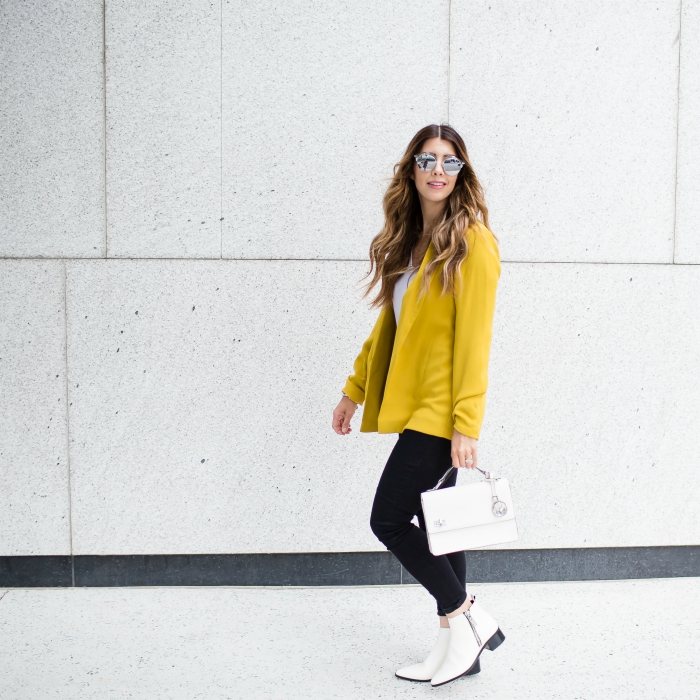 Yellow Blazer Jacket, Black High Waisted Jeans, White Booties, White Handbag, Mirrored Sunglasses