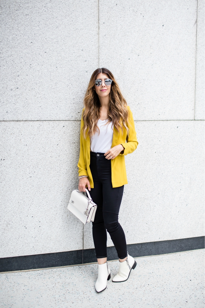 Yellow Blazer Jacket, Black High Waisted Jeans, White Booties, White Handbag, Mirrored Sunglasses