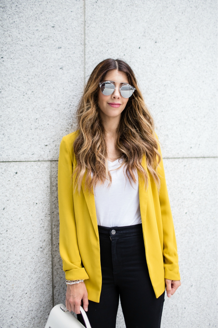 Yellow Blazer Jacket, Black High Waisted Jeans, Mirrored Sunglasses