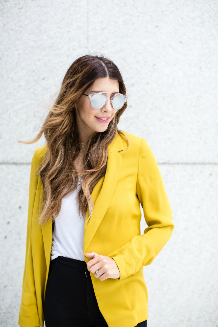 Yellow Blazer Jacket, Black High Waisted Jeans, Mirrored Sunglasses