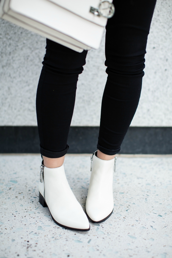  Black High Waisted Jeans, White Booties, White Handbag