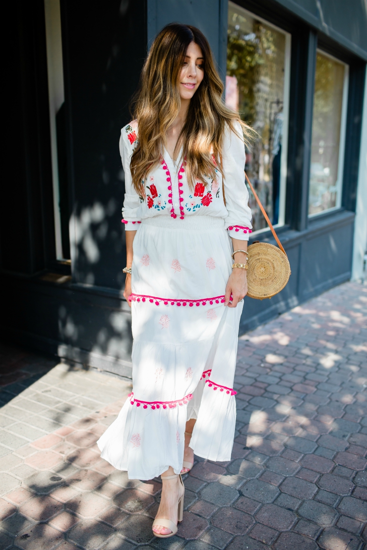 Chicwish Embroidered Maxi Dress, Straw Bag, Sam Edelman Ankle Strap Sandals