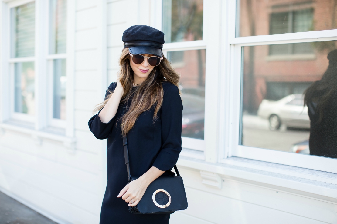 Black Dress, Marks and Spencer, Fall Fashion, Black Booties, Black Crossbody Bag. Fall Hair color