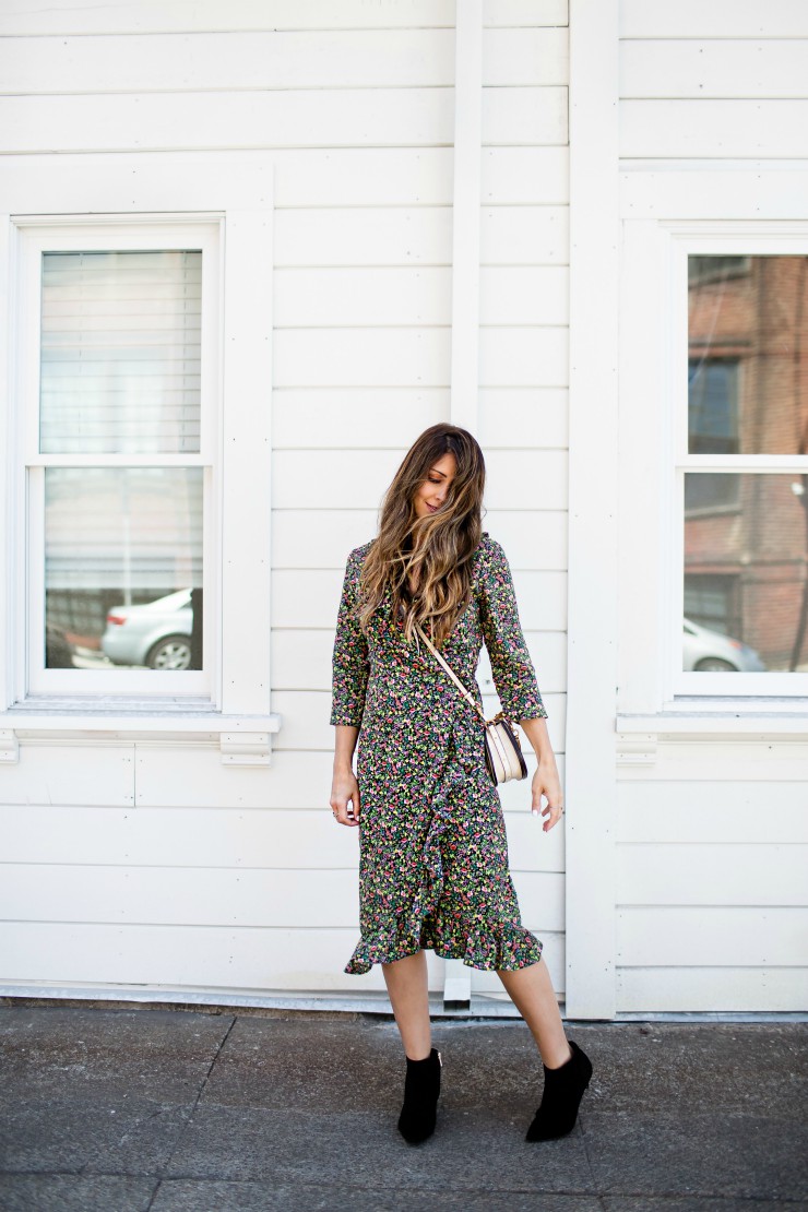 Floral Dress, Ruffle Dress, Black Sam Edelman Booties, Nordstrom, Fall Look, Chloe Nile Crossbody Bag  - The Perfect Black Booties styled by popular San Francisco style blogger, The Girl in The Yellow Dress